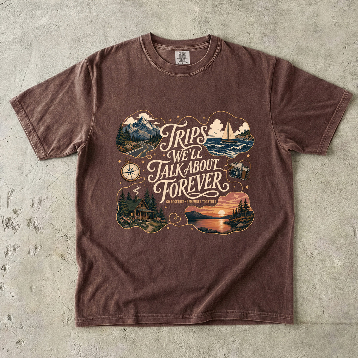 Trips We'll Talk About Forever Family Travel Shirt in Espresso – flat lay