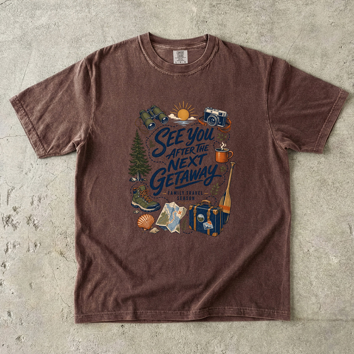 See You After the Next Getaway Family Travel Shirt in Espresso – flat lay