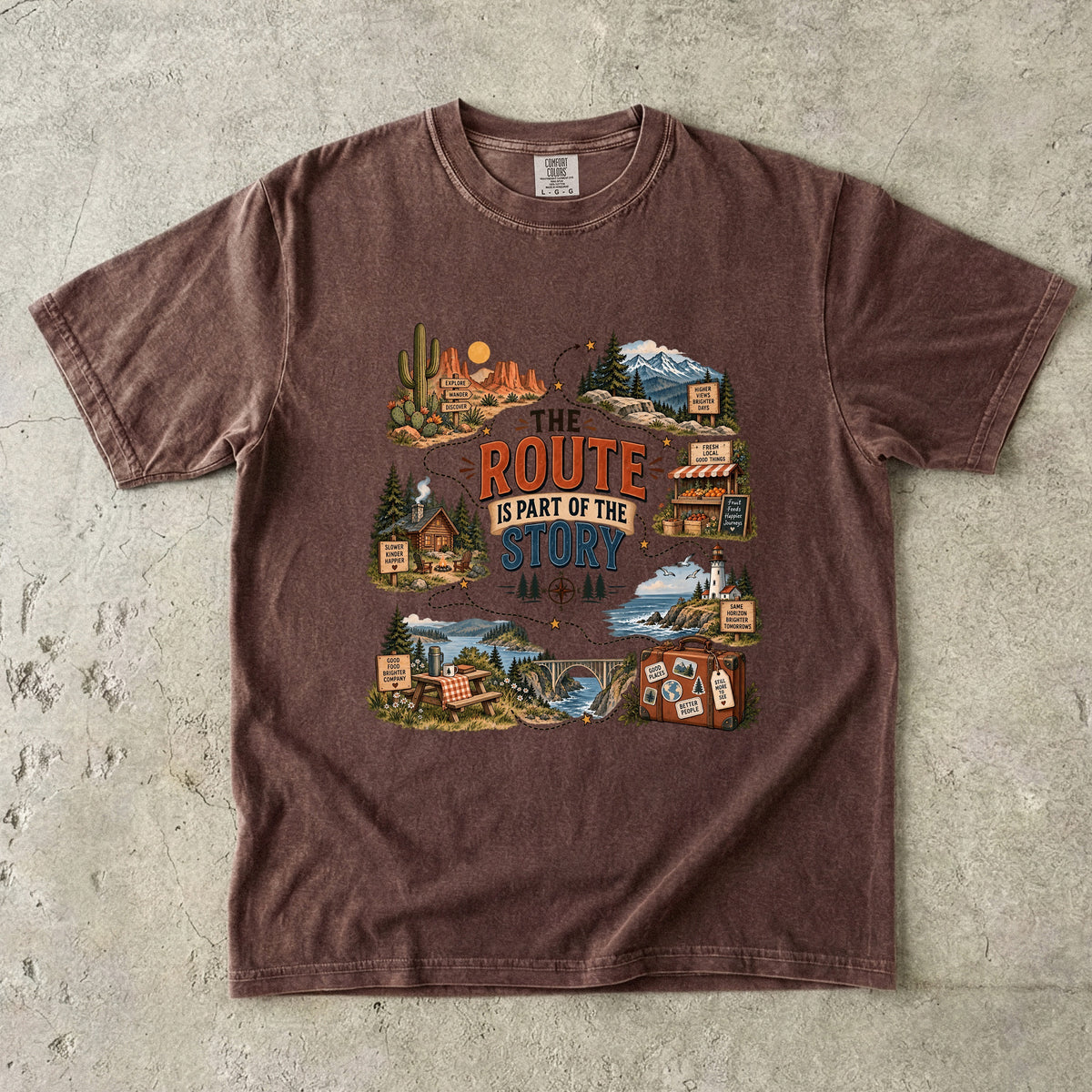 The Route Is Part of the Story Road Trip Shirt in Espresso – flat lay