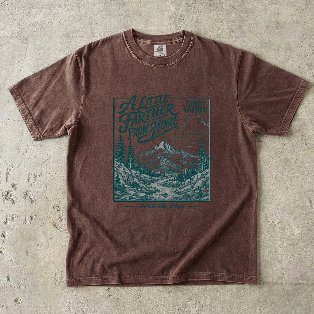 A Little Farther from Home Family Adventure Shirt in Espresso – flat lay