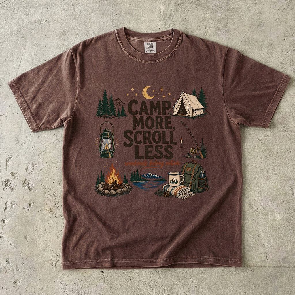 Camp More Scroll Less Camping Shirt in Espresso – flat lay