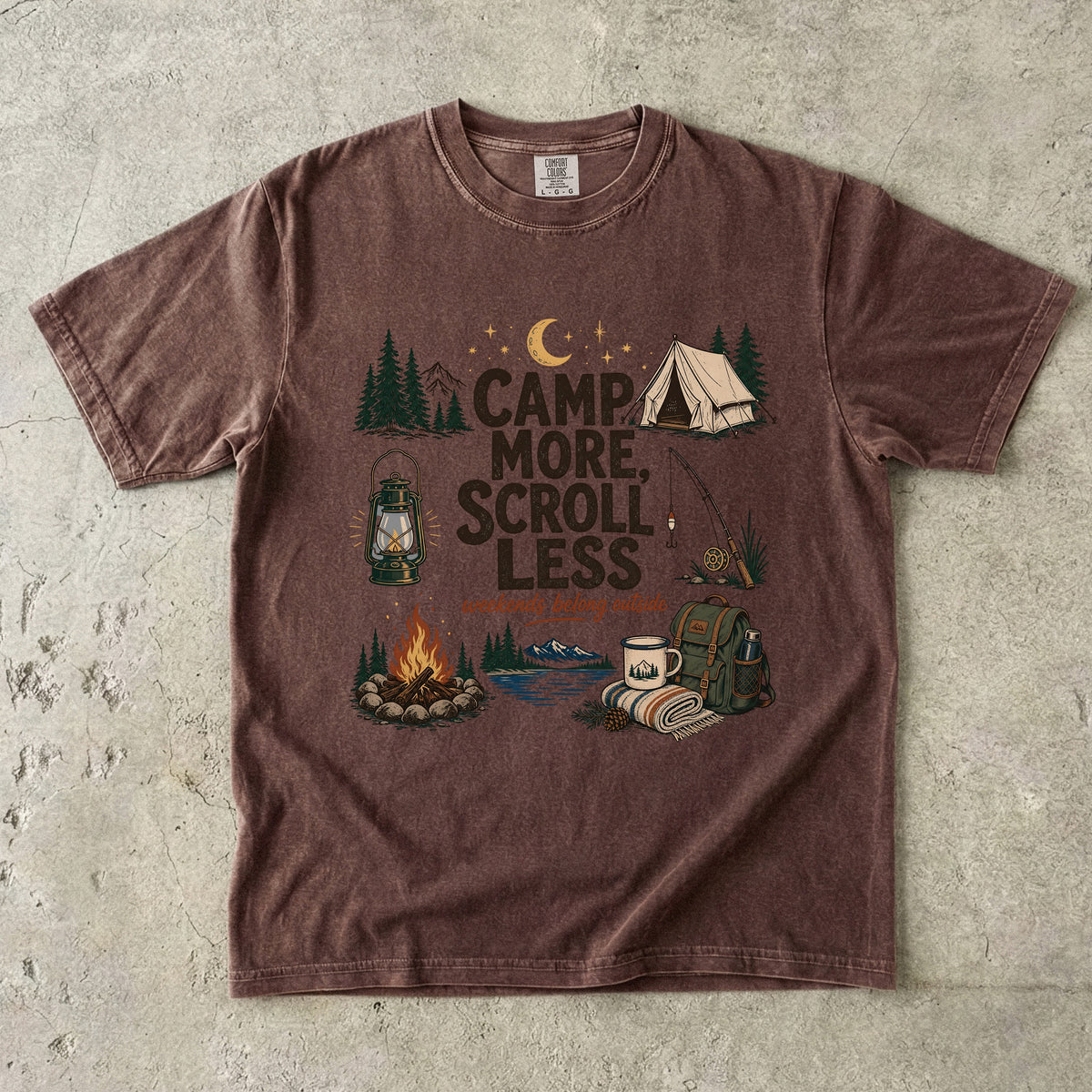 Camp More Scroll Less Camping Shirt in Espresso – flat lay