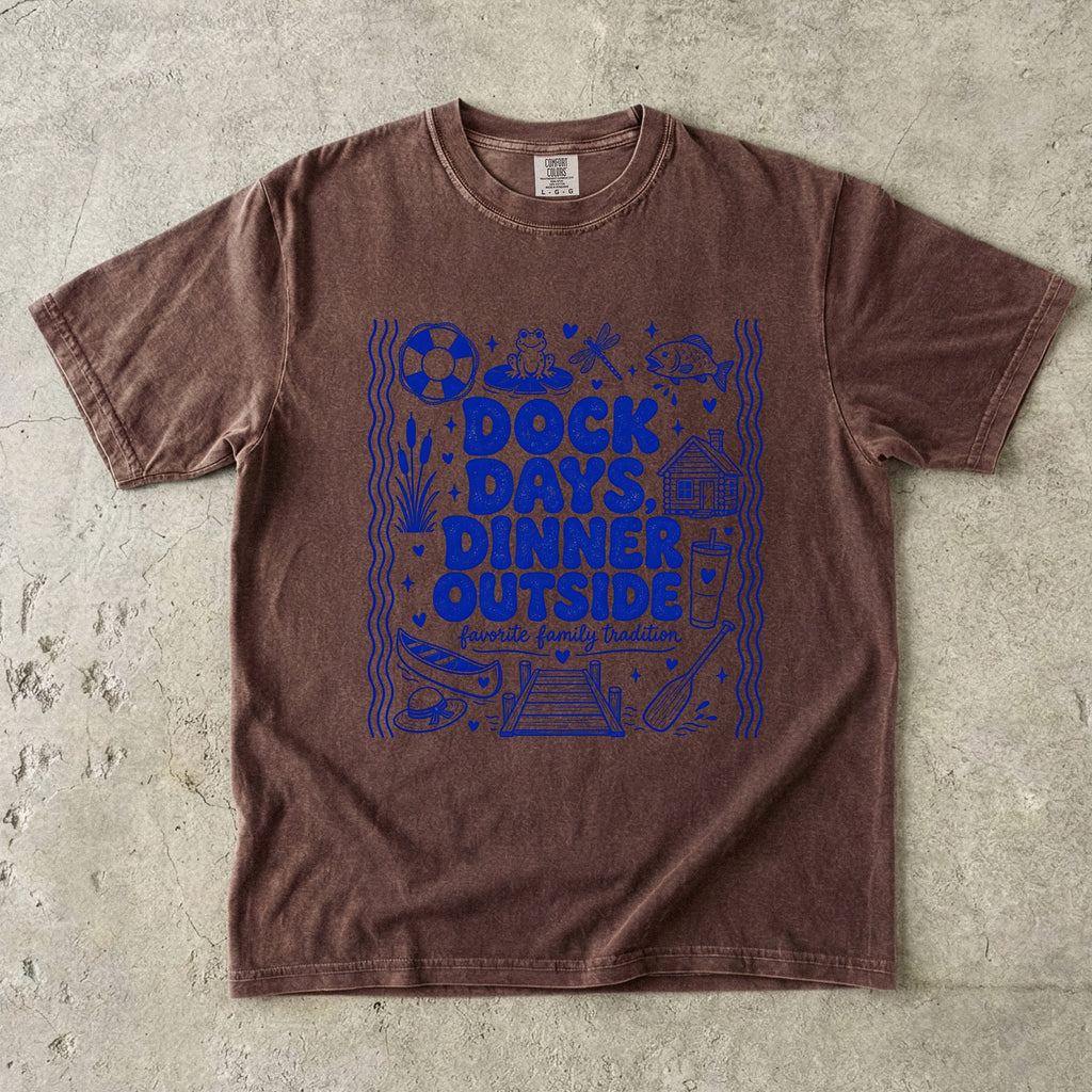 Dock Days Dinner Outside Lake Vacation Shirt in Espresso – flat lay