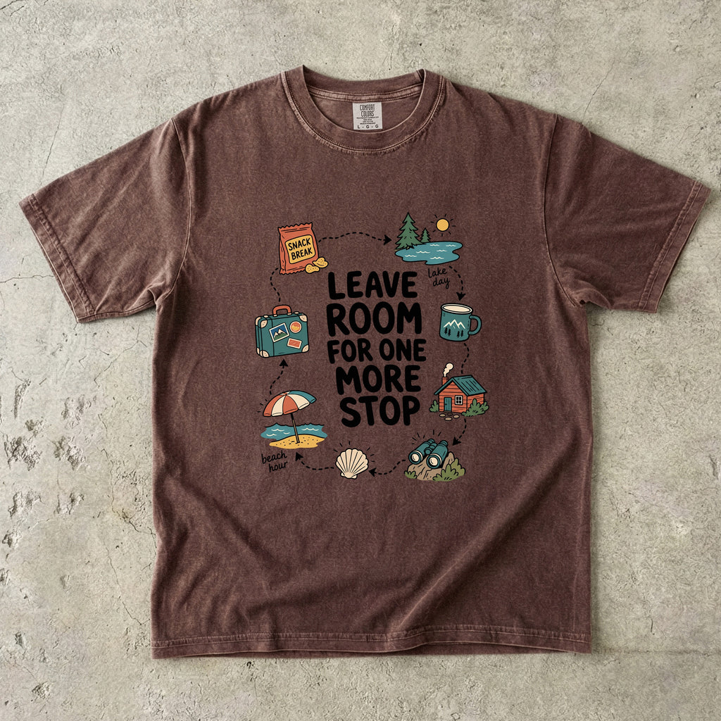 Leave Room for One More Stop Road Trip Shirt in Espresso – flat lay