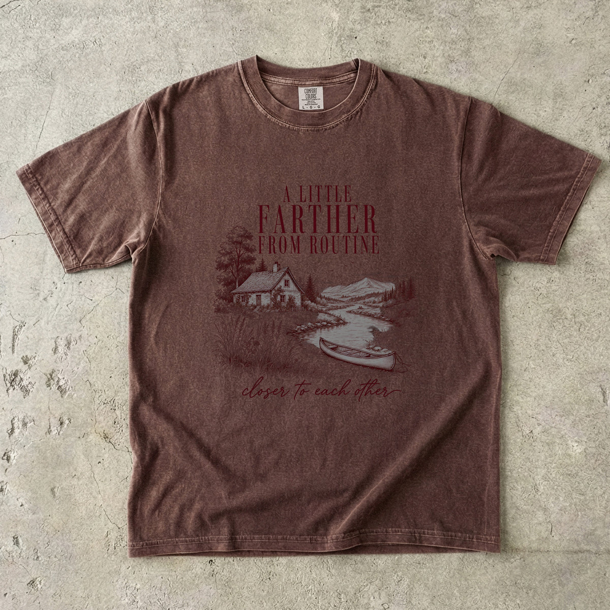 A Little Farther from Routine Family Getaway Shirt in Espresso – flat lay