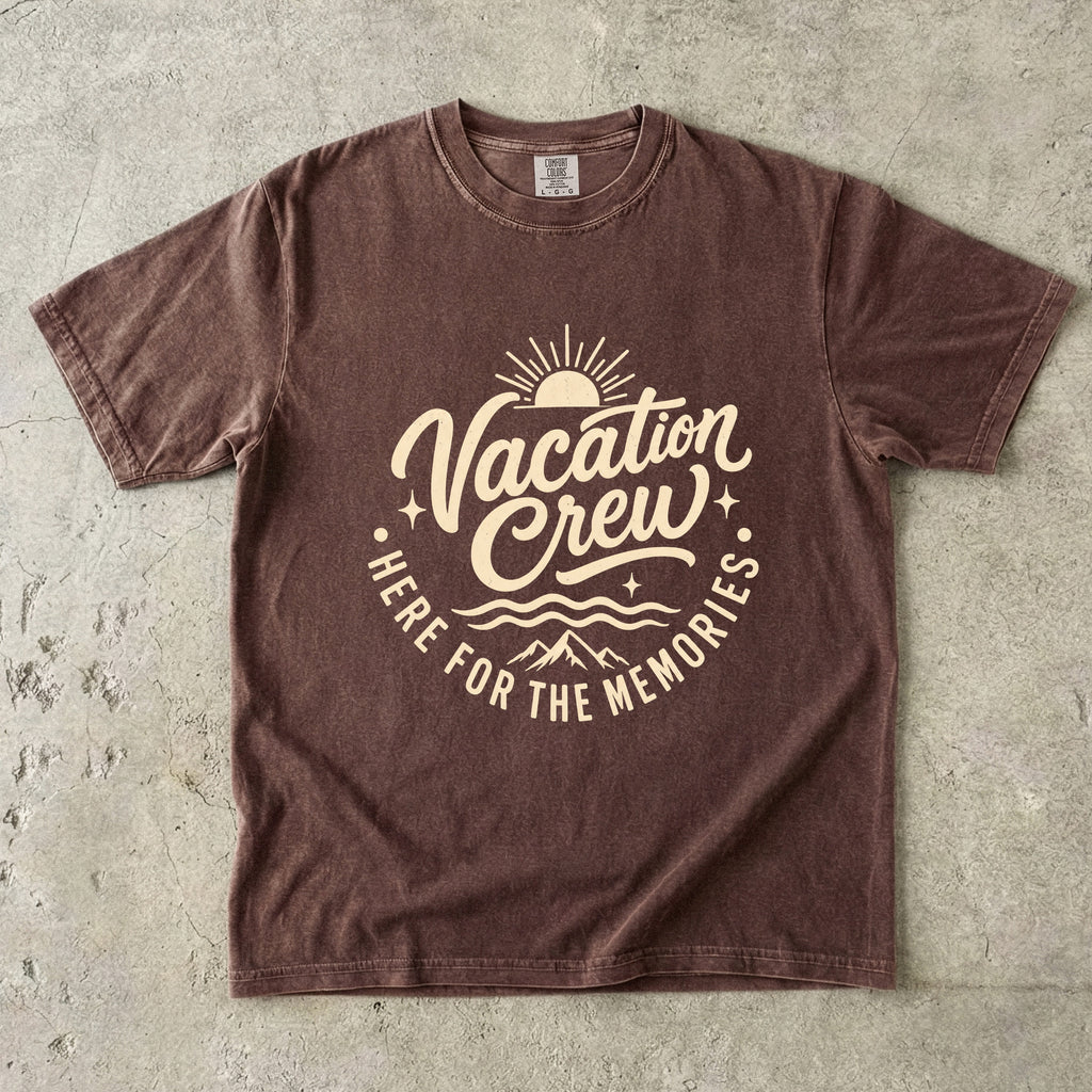 Vacation Crew Here for the Memories Shirt in Espresso – flat lay