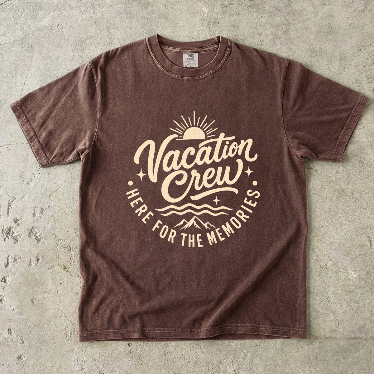 Vacation Crew Here for the Memories Shirt in Espresso – flat lay