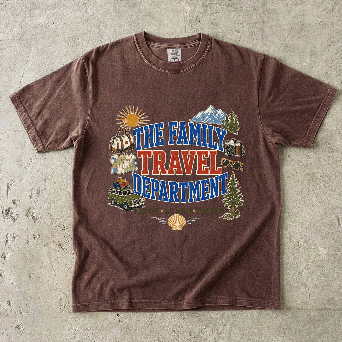 The Family Travel Department Road Trip Shirt in Espresso – flat lay
