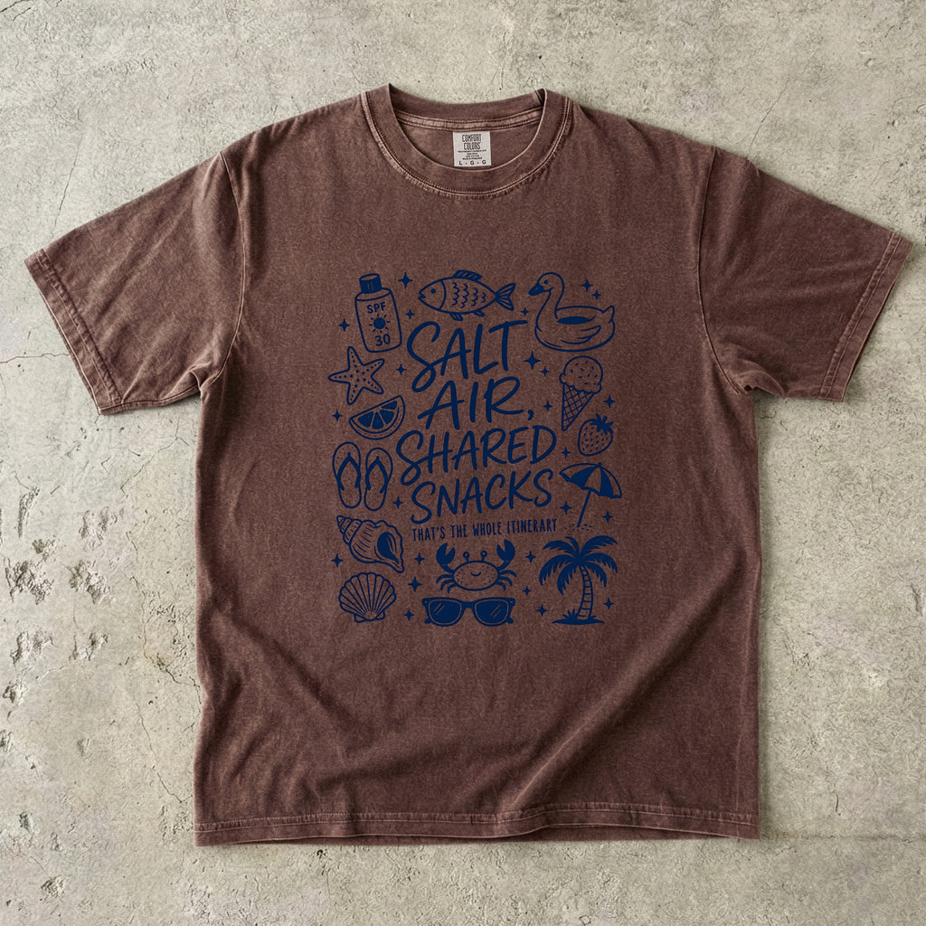 Salt Air Shared Snacks Beach Vacation Shirt in Espresso – flat lay