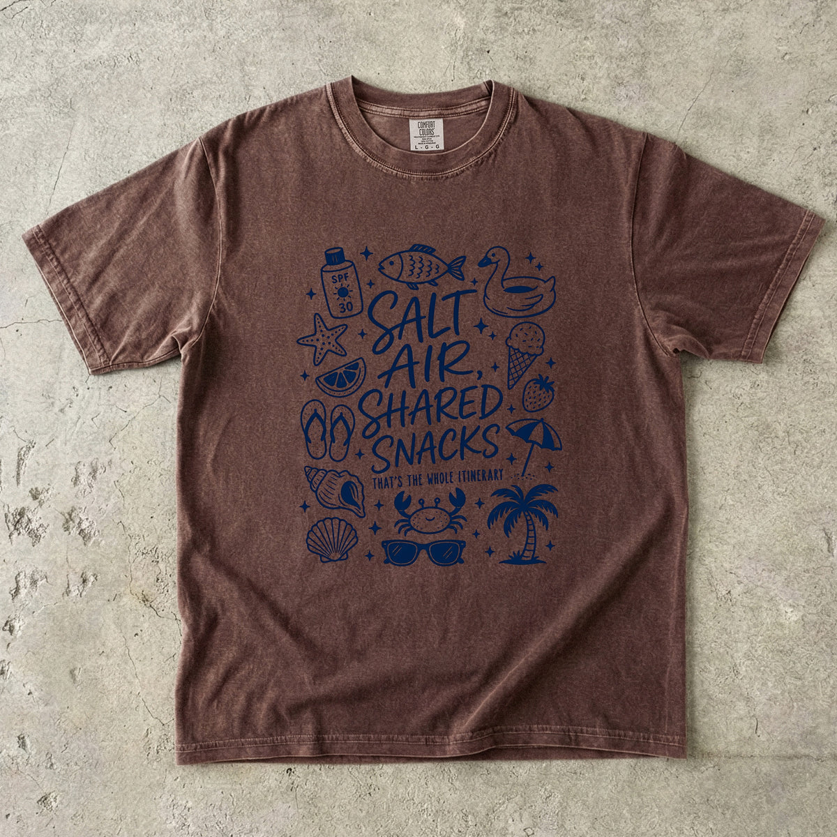Salt Air Shared Snacks Beach Vacation Shirt in Espresso – flat lay