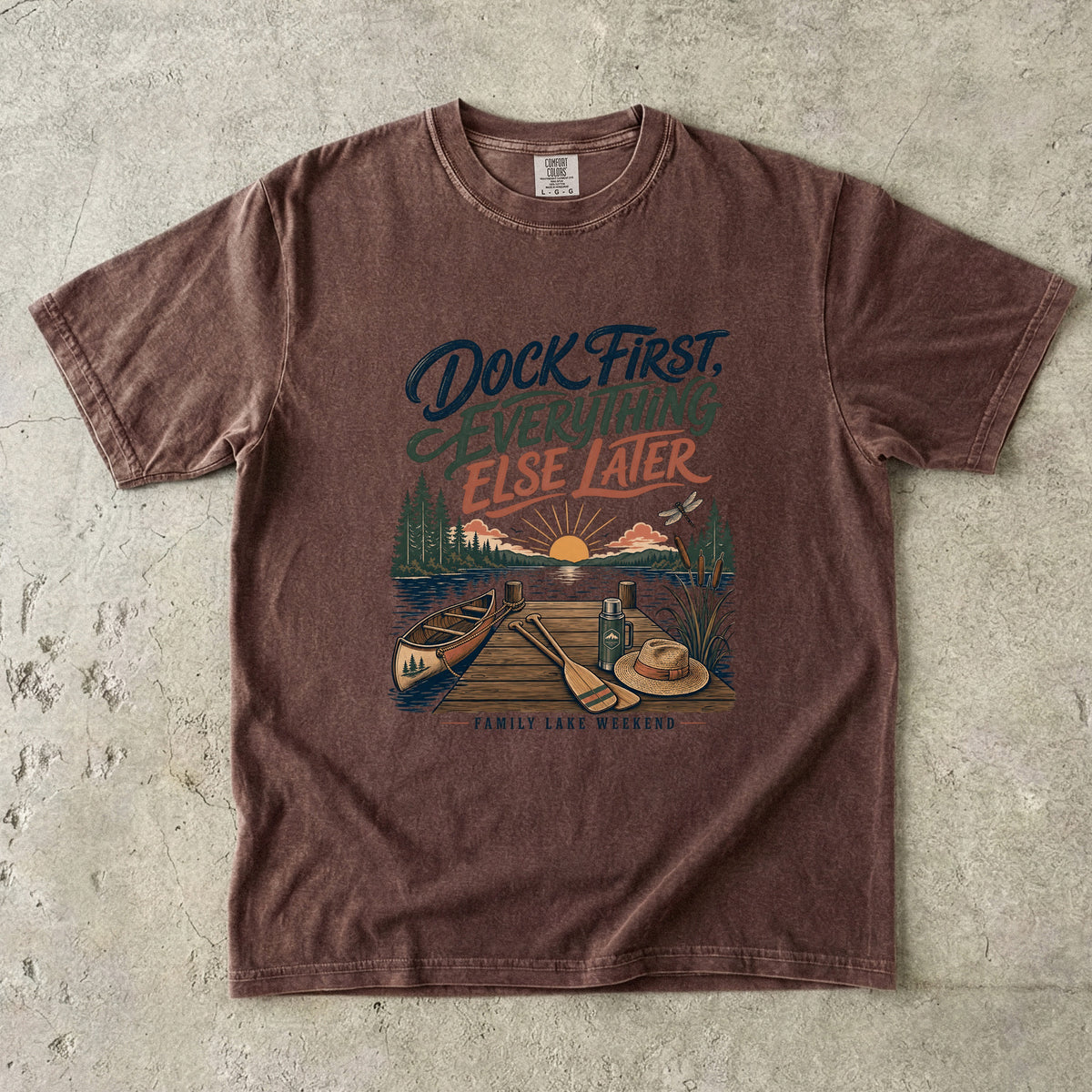 Dock First Everything Else Later Lake Vacation Shirt in Espresso – flat lay