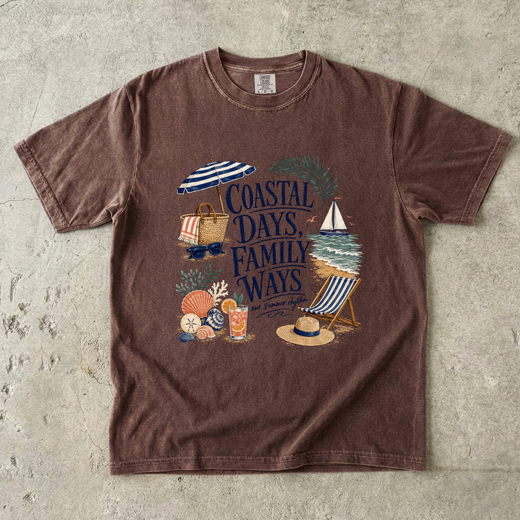 Coastal Days Family Ways Beach Vacation Shirt in Espresso – flat lay
