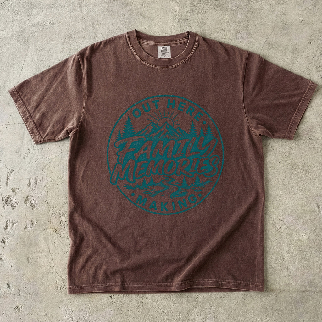 Out Here Making Family Memories Shirt in Espresso – flat lay