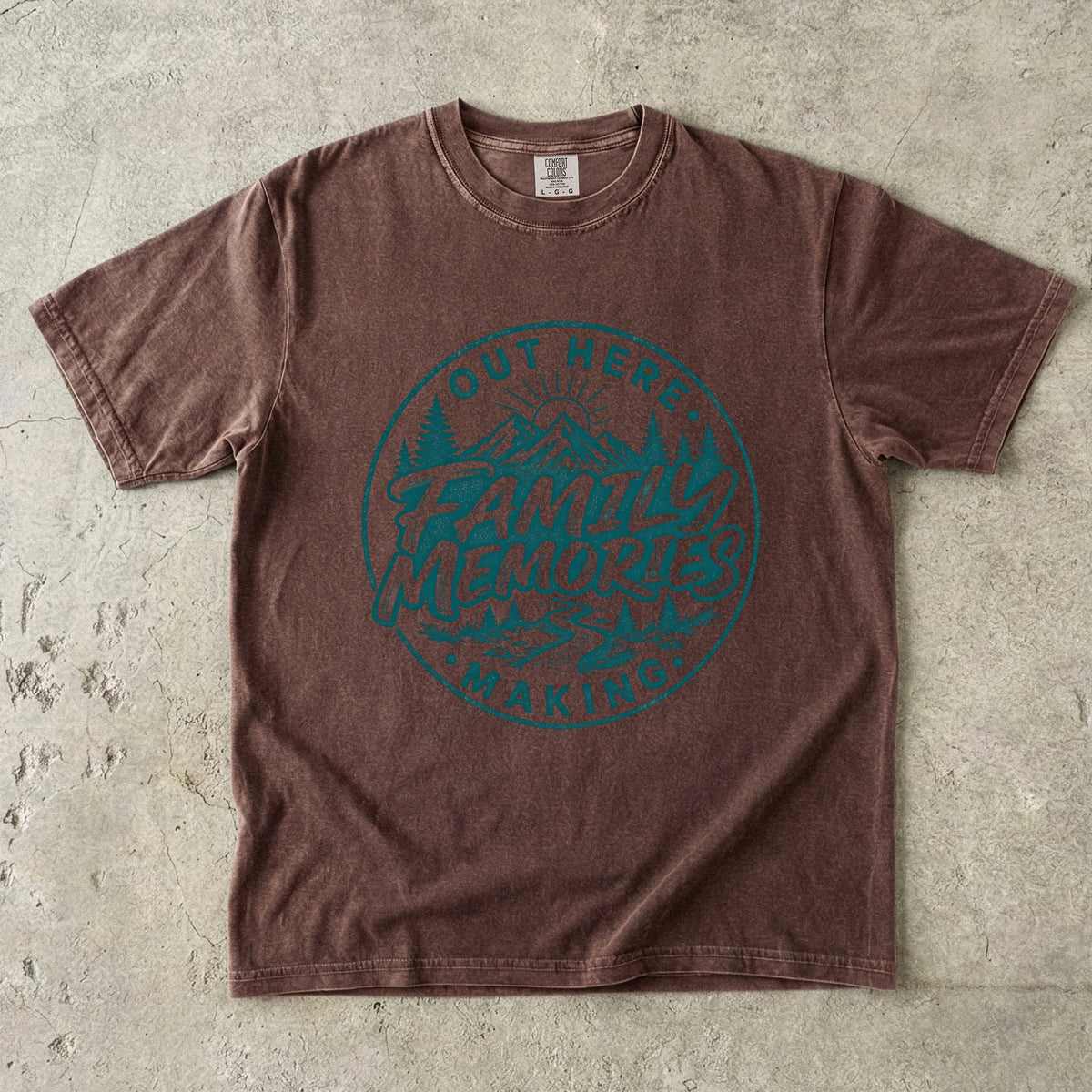 Out Here Making Family Memories Shirt in Espresso – flat lay