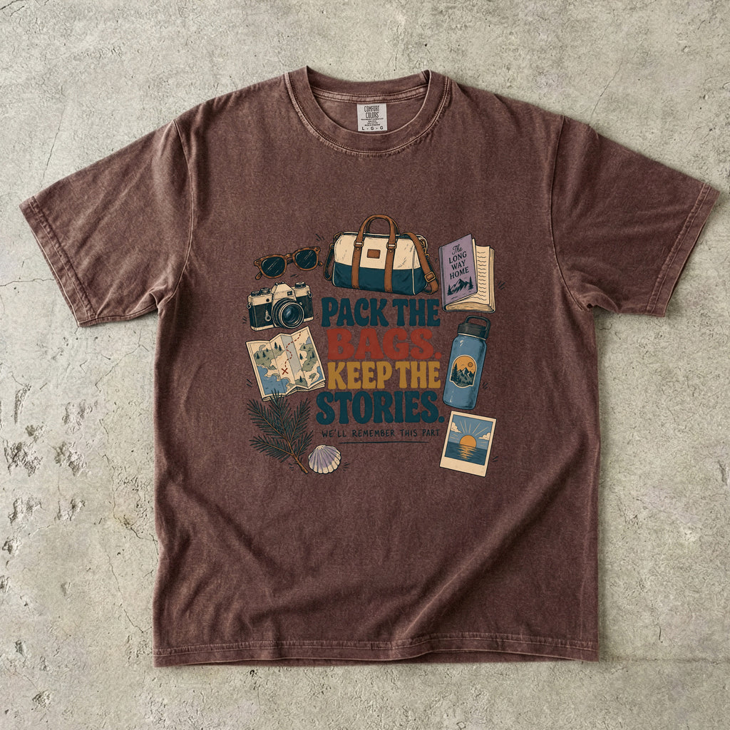 Pack the Bags Keep the Stories Family Getaway Shirt in Espresso – flat lay