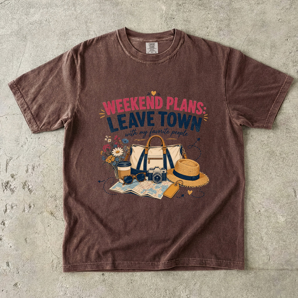 Weekend Plans Leave Town Girls Trip Shirt in Espresso – flat lay