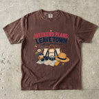 Weekend Plans Leave Town Girls Trip Shirt in Espresso – flat lay