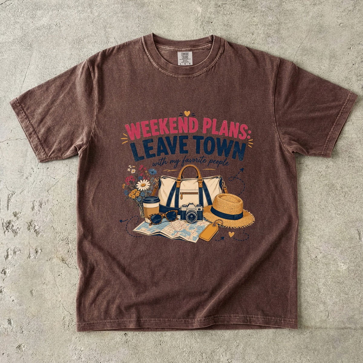 Weekend Plans Leave Town Girls Trip Shirt in Espresso – flat lay