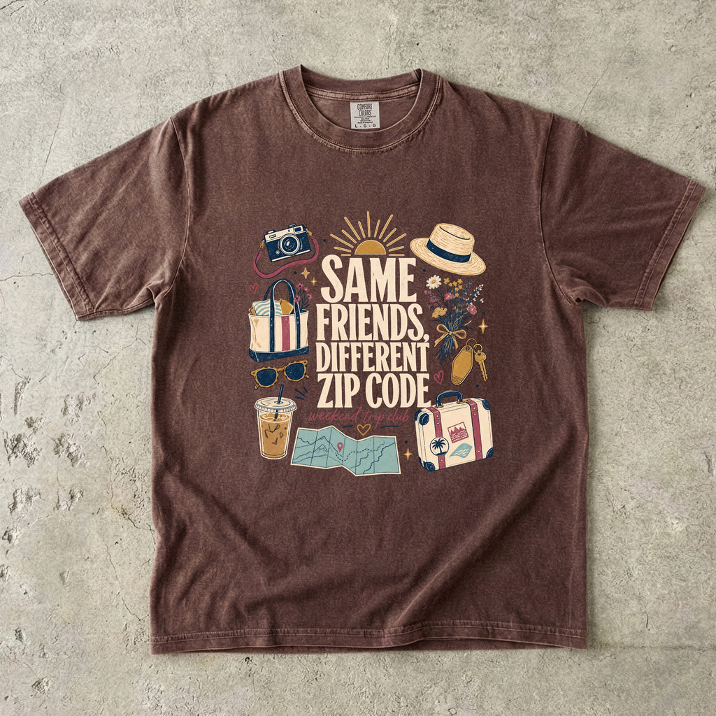 Same Friends Different Zip Code Girls Trip Shirt in Espresso – flat lay