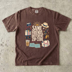 Same Friends Different Zip Code Girls Trip Shirt in Espresso – flat lay
