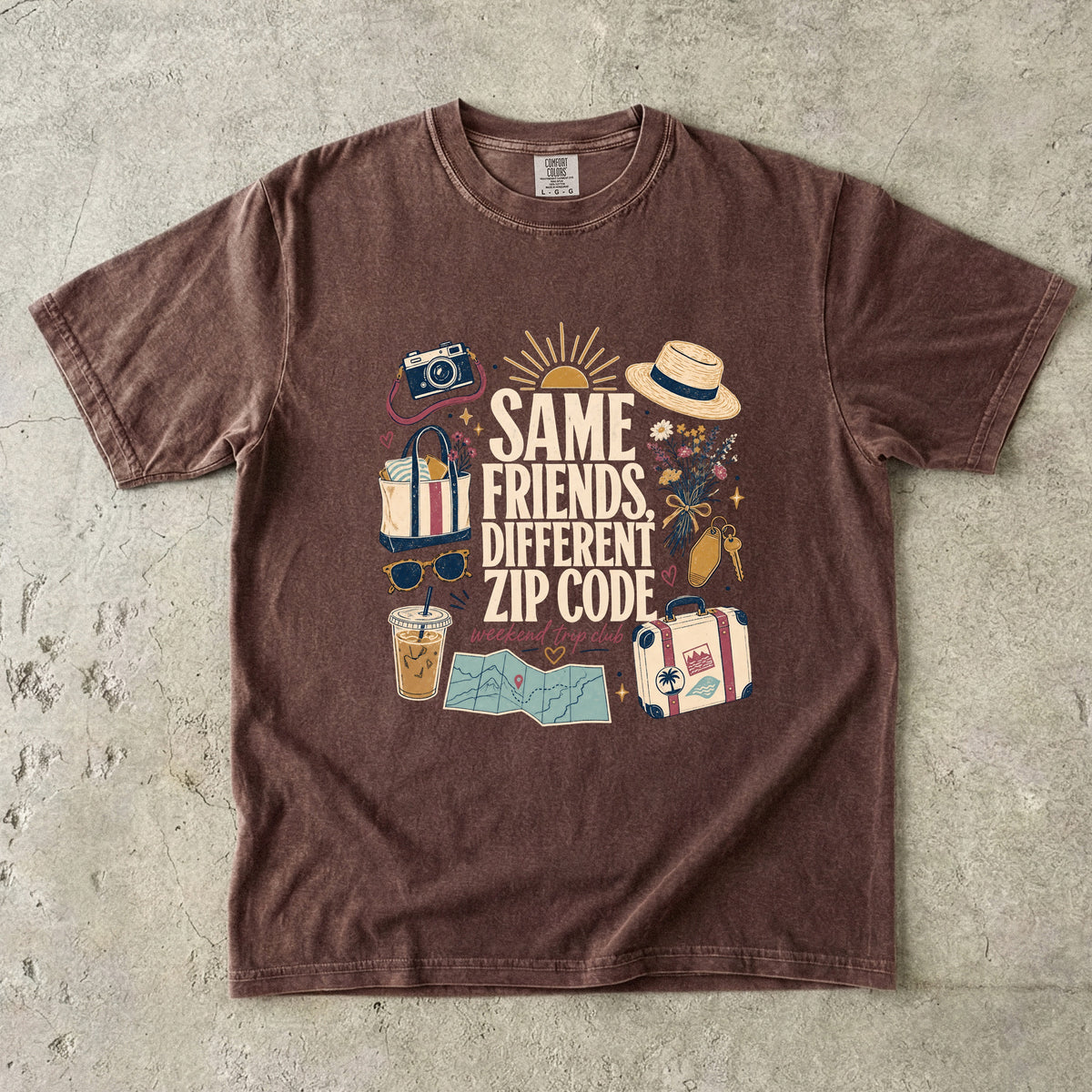 Same Friends Different Zip Code Girls Trip Shirt in Espresso – flat lay