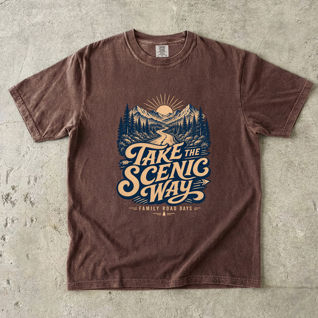Take the Scenic Way Road Trip Shirt in Espresso – flat lay