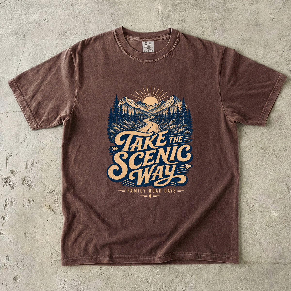 Take the Scenic Way Road Trip Shirt in Espresso – flat lay