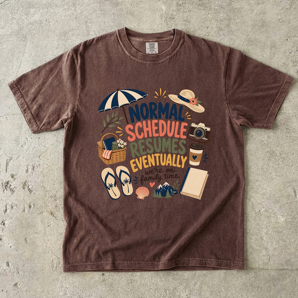 Normal Schedule Resumes Eventually Family Getaway Shirt in Espresso – flat lay
