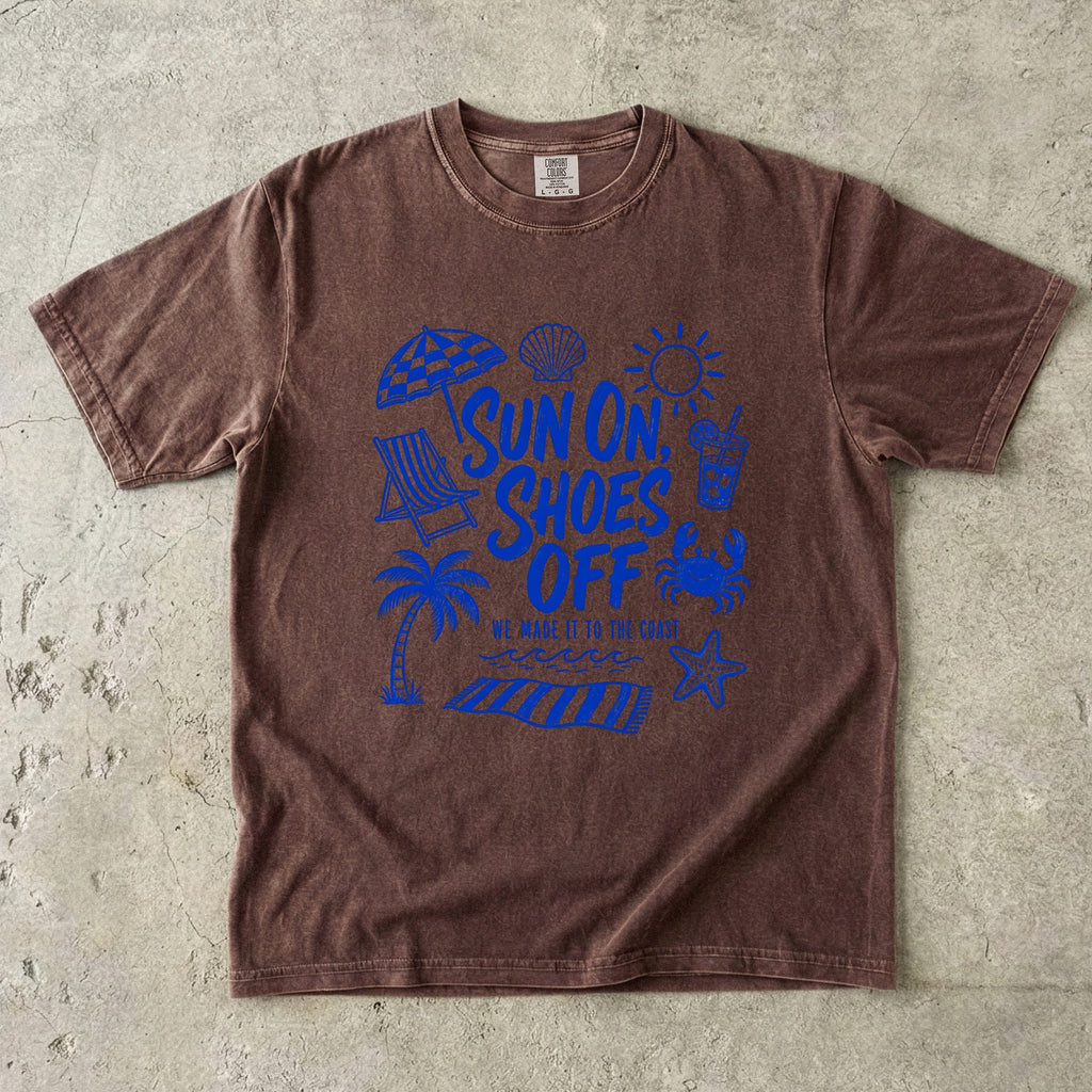 Sun On Shoes Off Beach Vacation Shirt in Espresso – flat lay