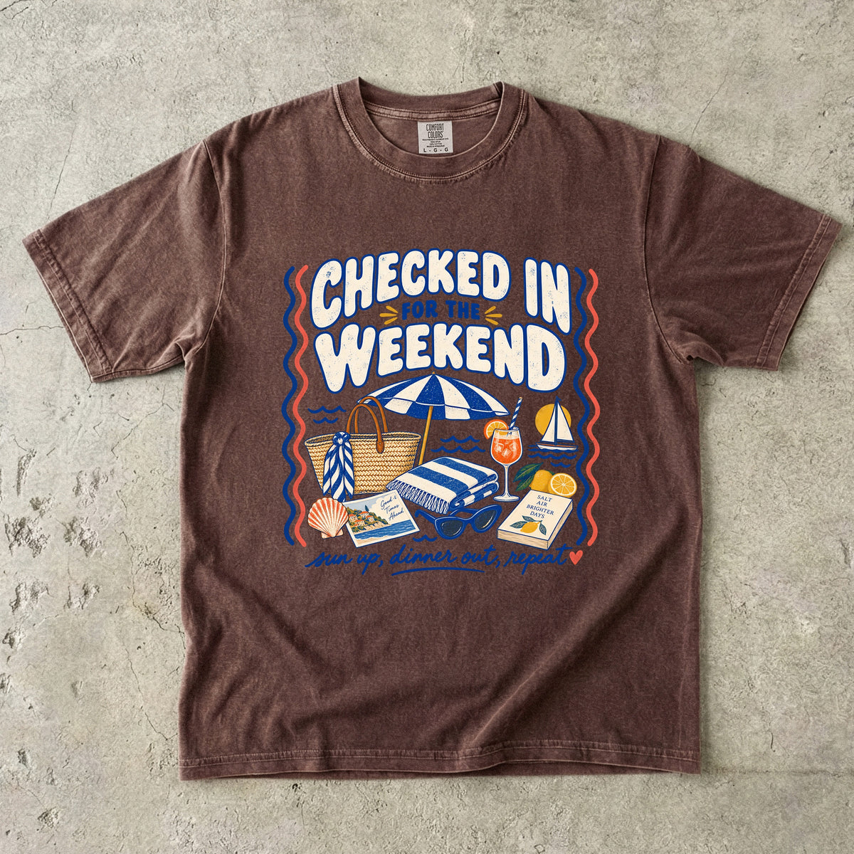Checked In for the Weekend Beach Vacation Shirt in Espresso – flat lay