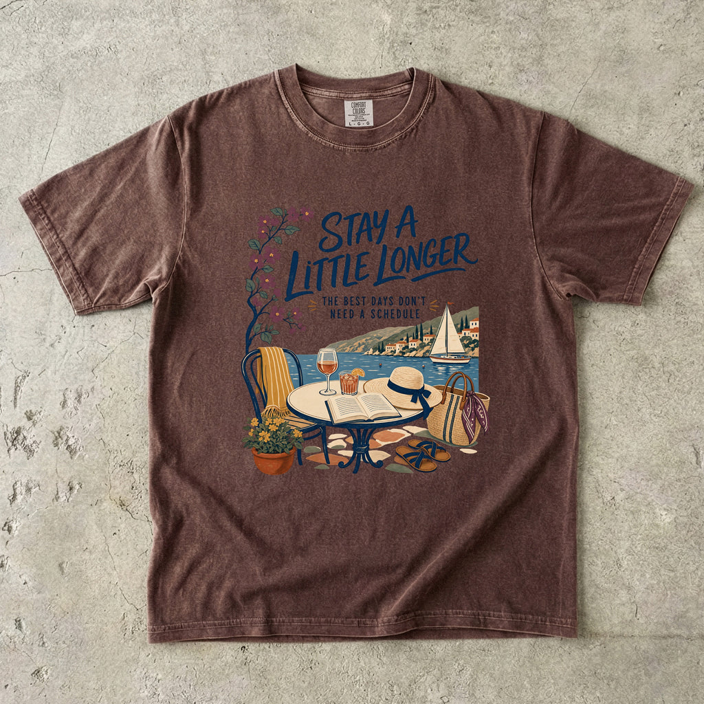 Stay a Little Longer Girls Trip Shirt in Espresso – flat lay