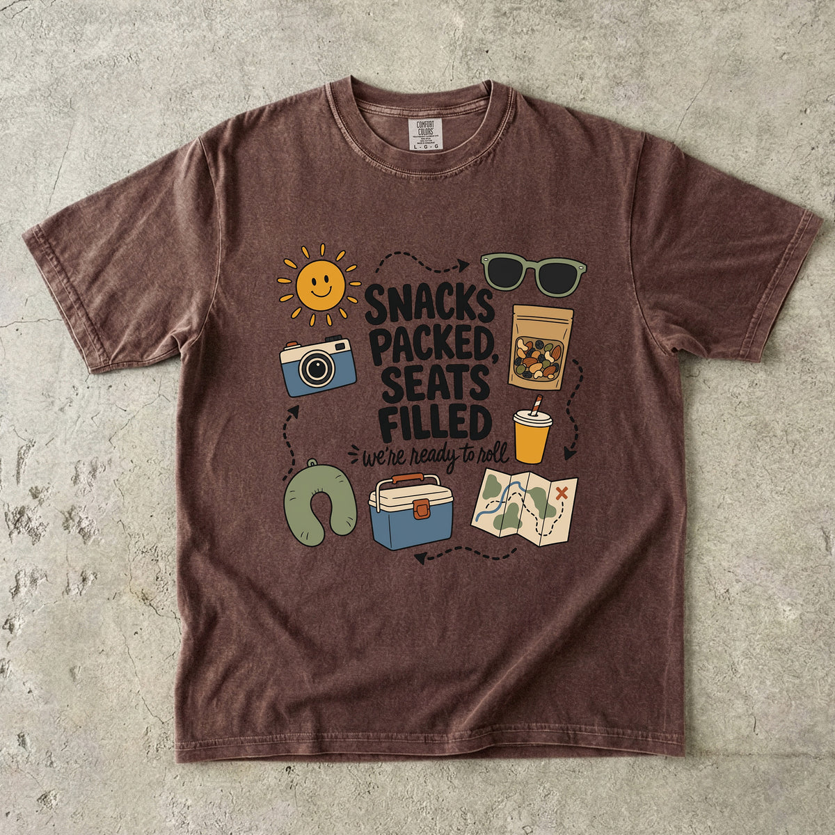 Snacks Packed Seats Filled Road Trip Shirt in Espresso – flat lay