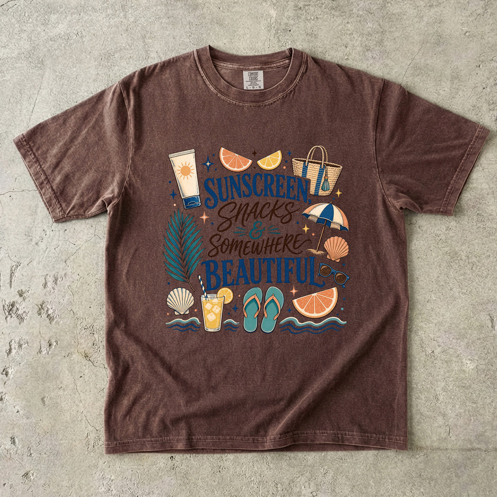 Sunscreen Snacks and Somewhere Beautiful Beach Vacation Shirt in Espresso – flat lay