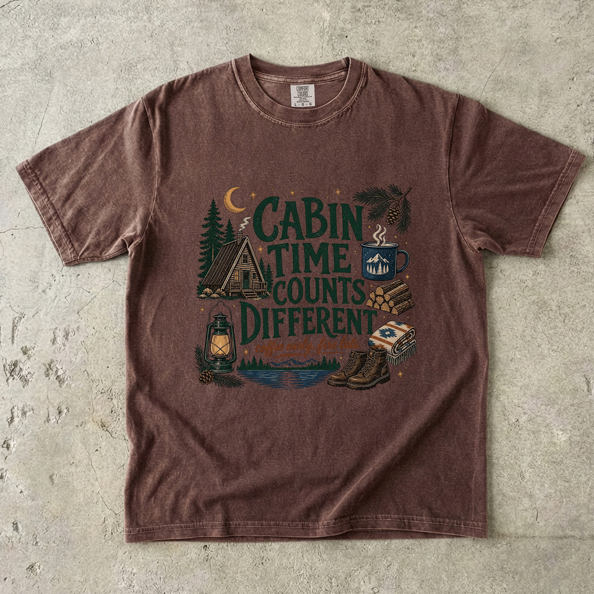 Cabin Time Counts Different Cabin Weekend Shirt in Espresso – flat lay