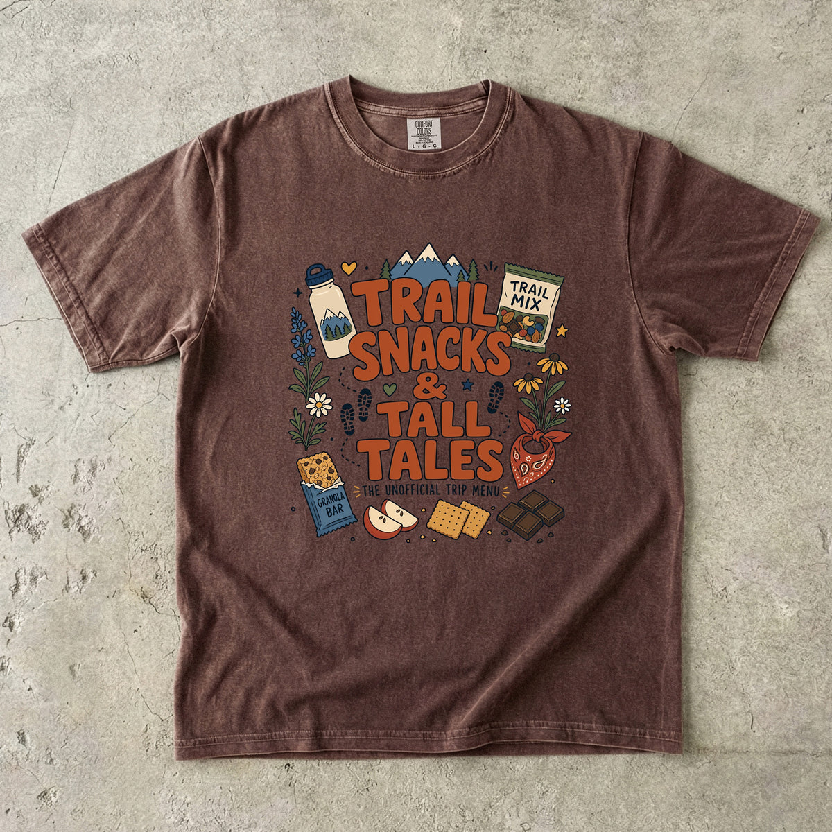 Trail Snacks and Tall Tales Mountain Adventure Shirt in Espresso – flat lay
