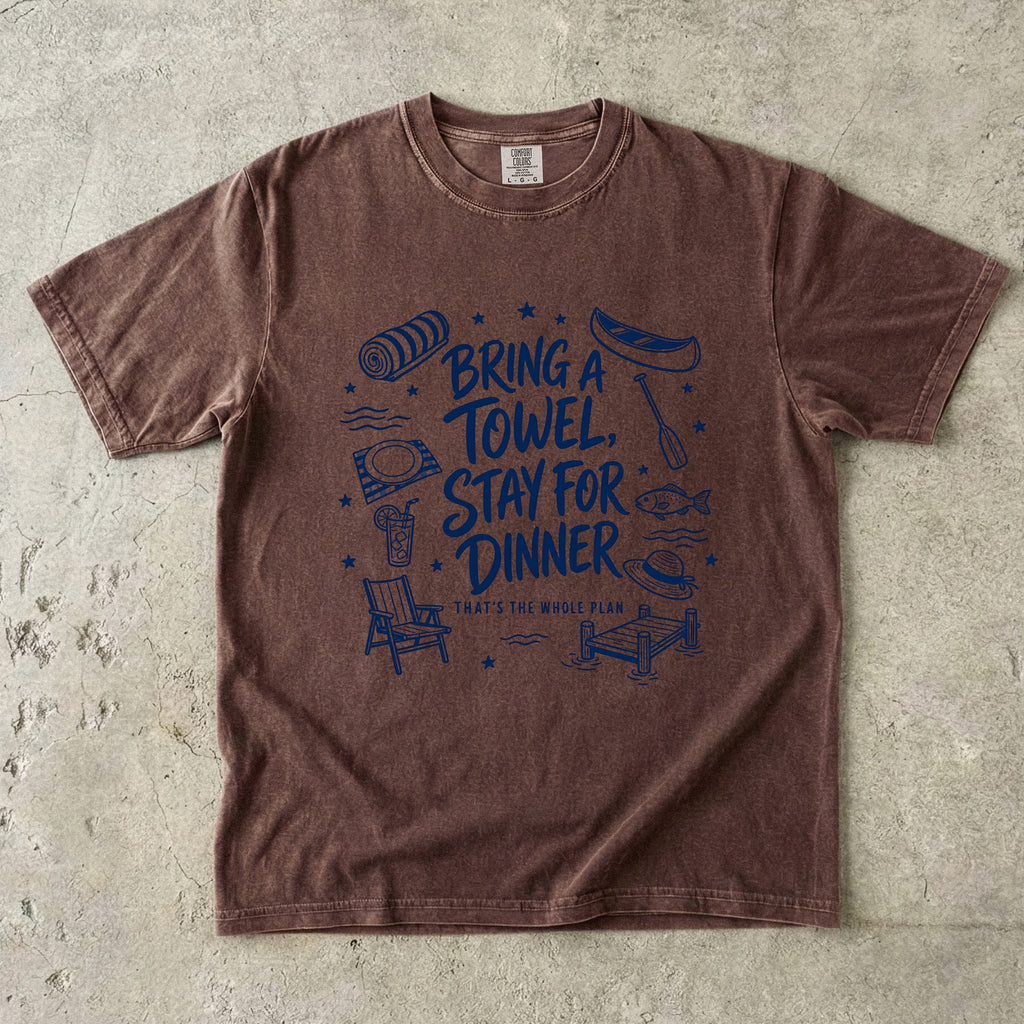 Bring a Towel Stay for Dinner Lake Vacation Shirt in Espresso – flat lay