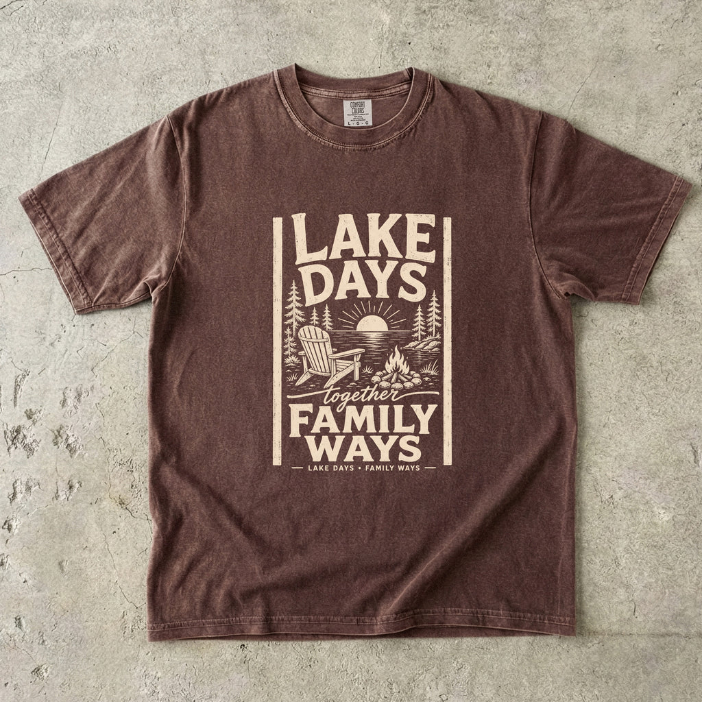 Lake Days Family Ways Vacation Shirt in Espresso – flat lay