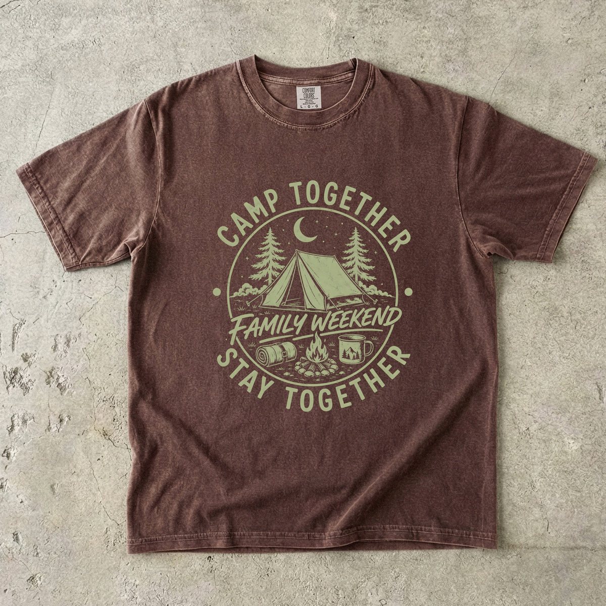 Camp Together Stay Together Family Weekend Shirt in Espresso – flat lay