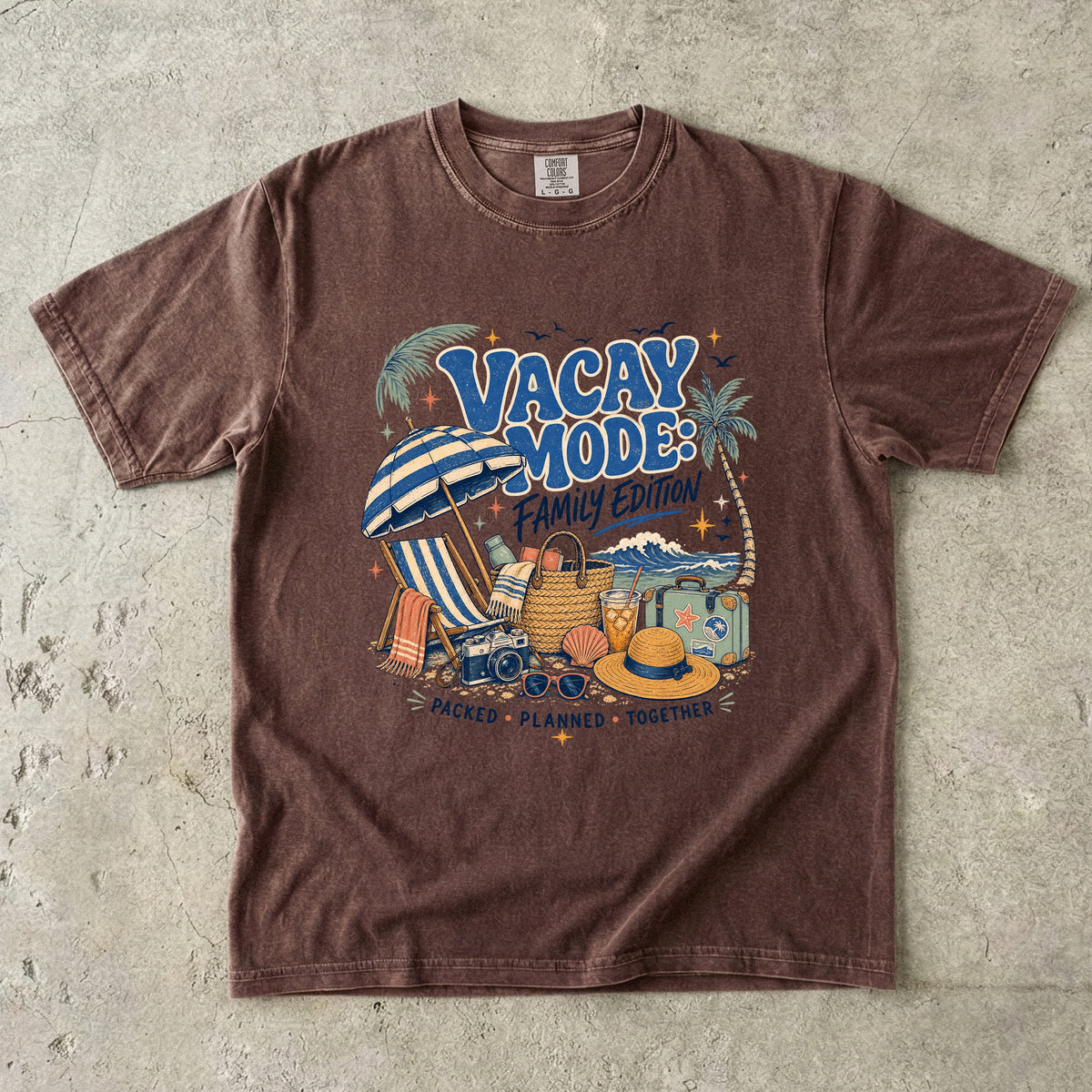 Vacay Mode Family Edition Travel Mom Shirt in Espresso – flat lay