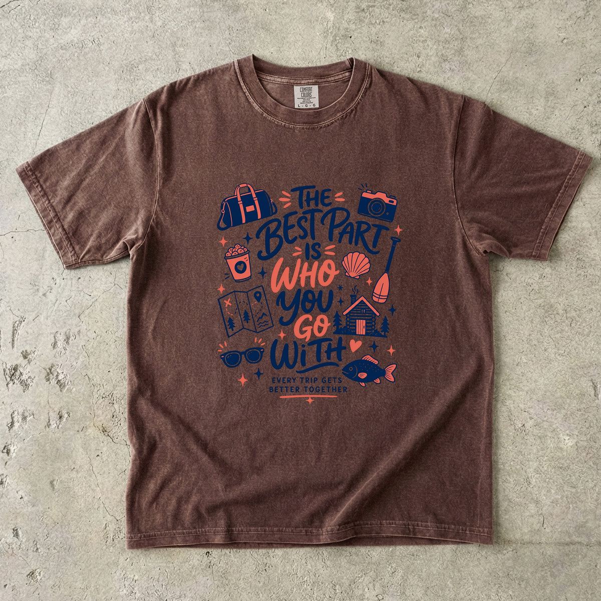 The Best Part Is Who You Go With Family Travel Shirt in Espresso – flat lay