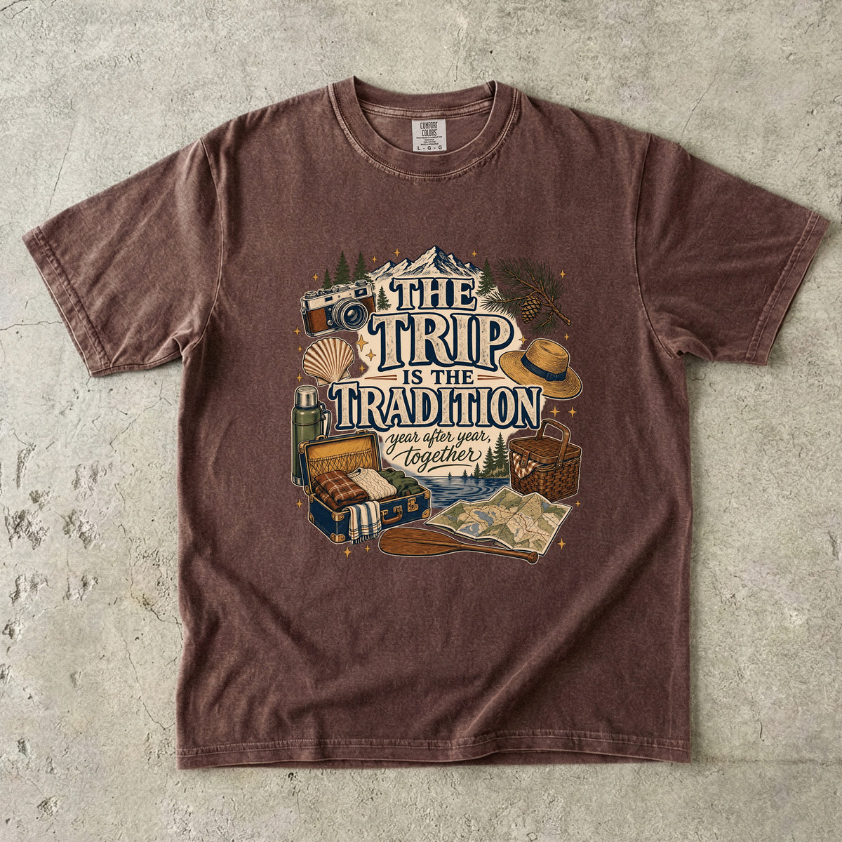 The Trip Is the Tradition Lake Vacation Shirt in Espresso – flat lay