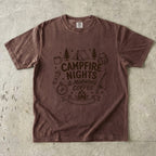 Campfire Nights and Morning Coffee Camping Shirt in Espresso – flat lay