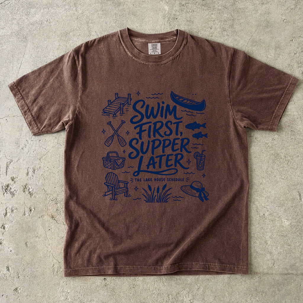 Swim First Supper Later Lake Vacation Shirt in Espresso – flat lay