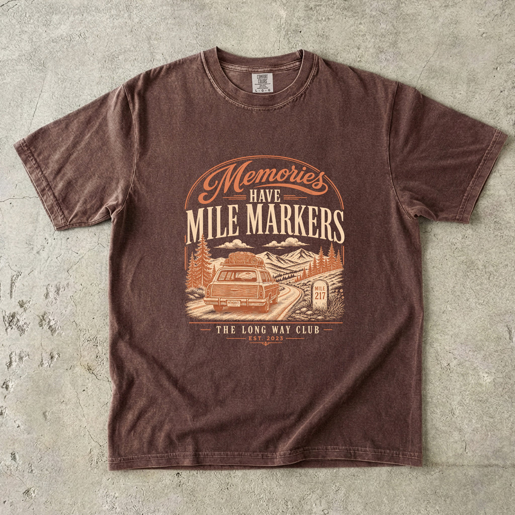 Memories Have Mile Markers Road Trip Shirt in Espresso – flat lay