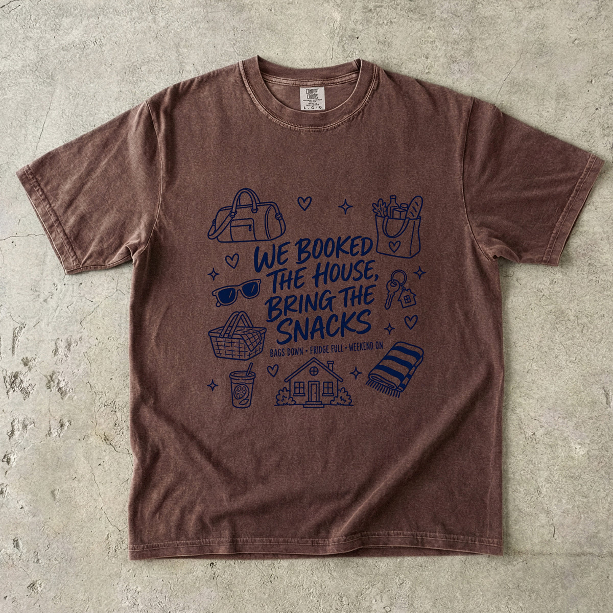 We Booked the House Bring the Snacks Family Getaway Shirt in Espresso – flat lay