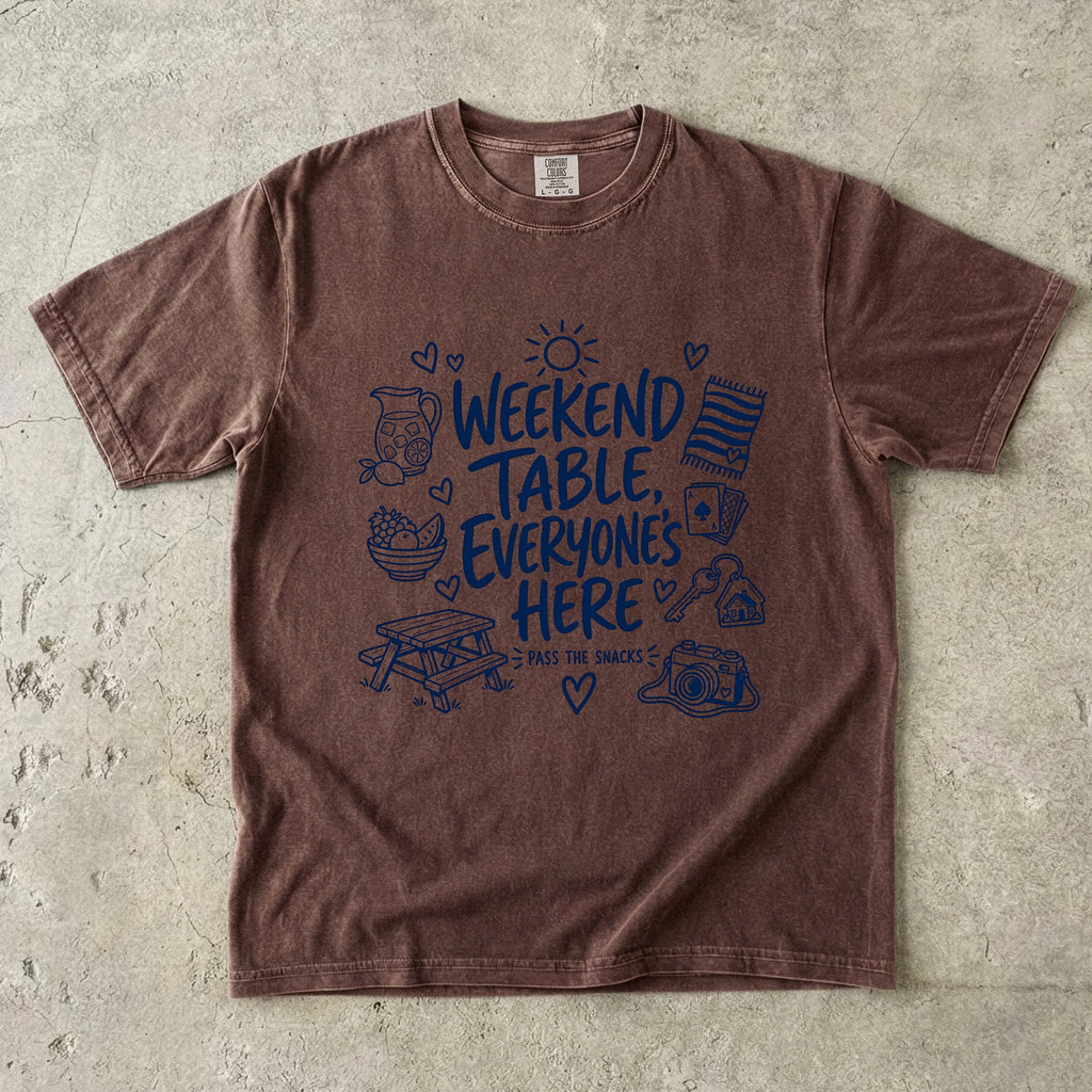 Weekend Table Everyone's Here Family Getaway Shirt in Espresso – flat lay