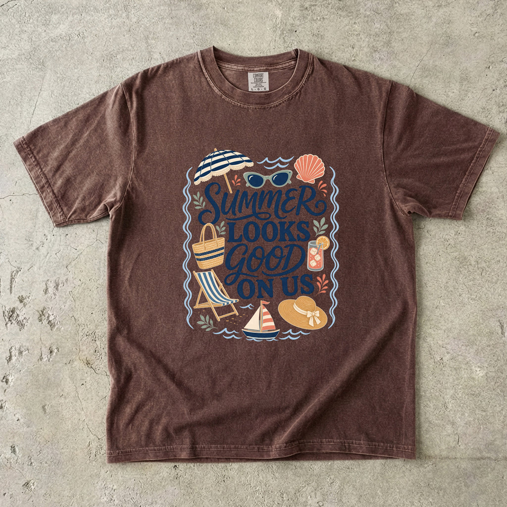 Summer Looks Good On Us Beach Vacation Shirt in Espresso – flat lay