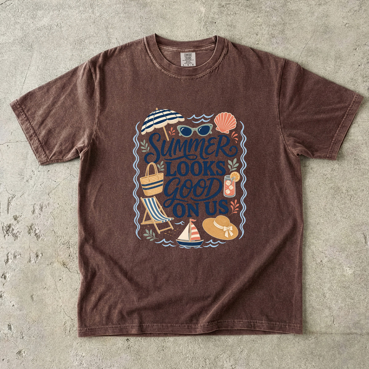 Summer Looks Good On Us Beach Vacation Shirt in Espresso – flat lay