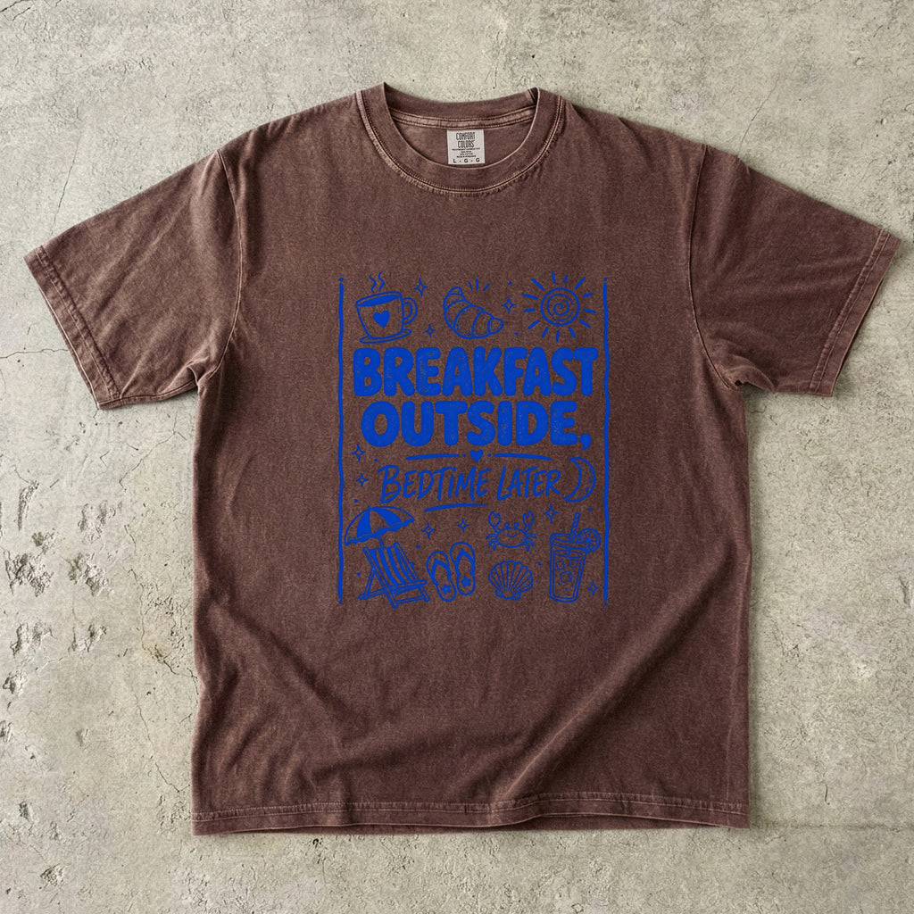 Breakfast Outside Bedtime Later Beach Vacation Shirt in Espresso – flat lay