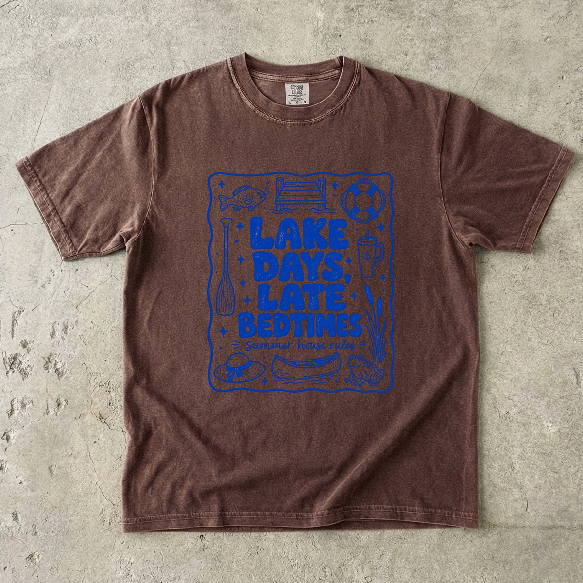 Lake Days Late Bedtimes Lake Vacation Shirt in Espresso – flat lay